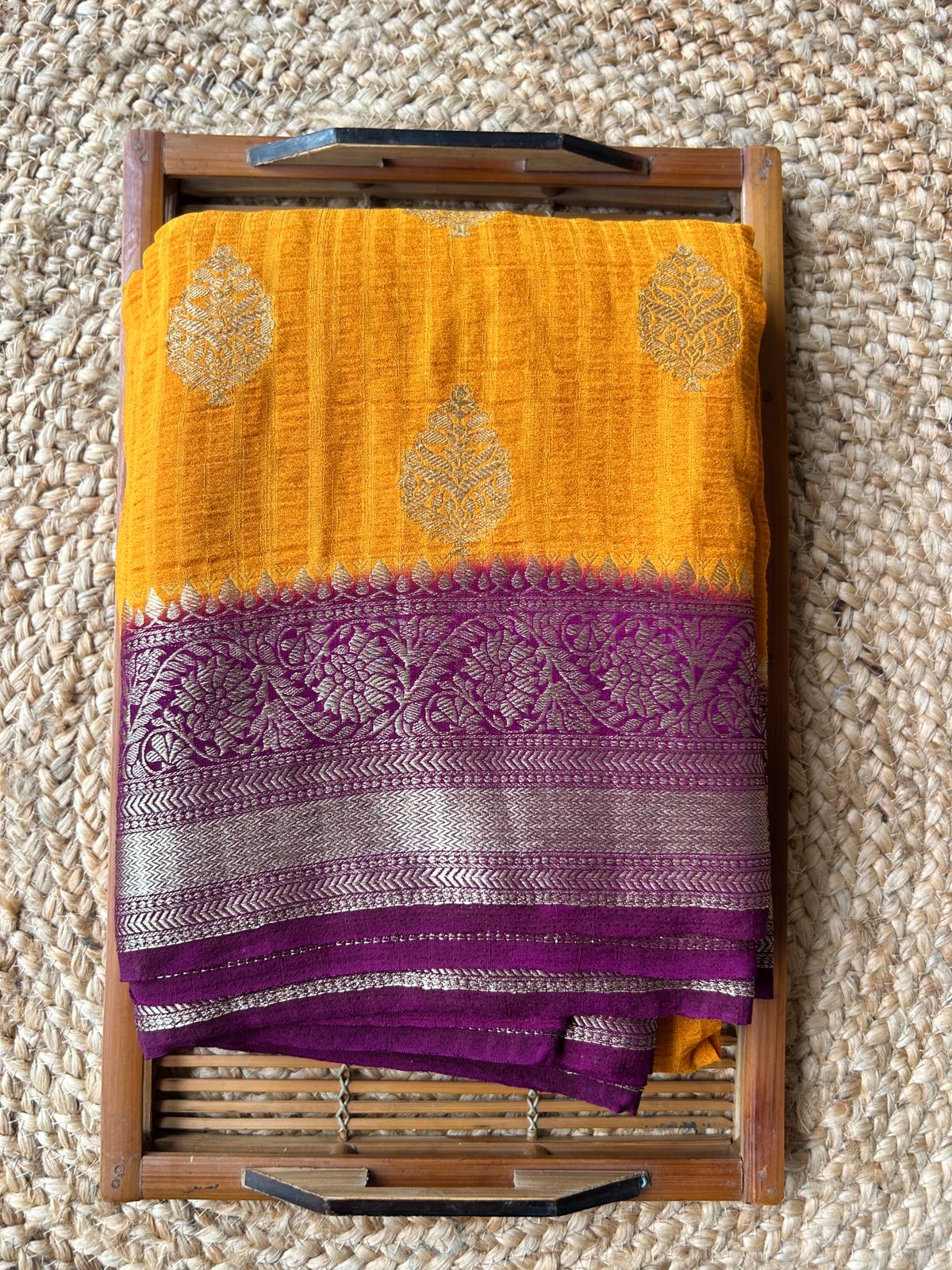 Pure Kaddi Georgette Butta Pattern Mustard Yellow Saree