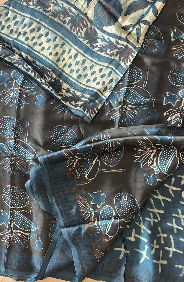 Pure Modal Silk Ajrekh Hand Block Print Grey Saree