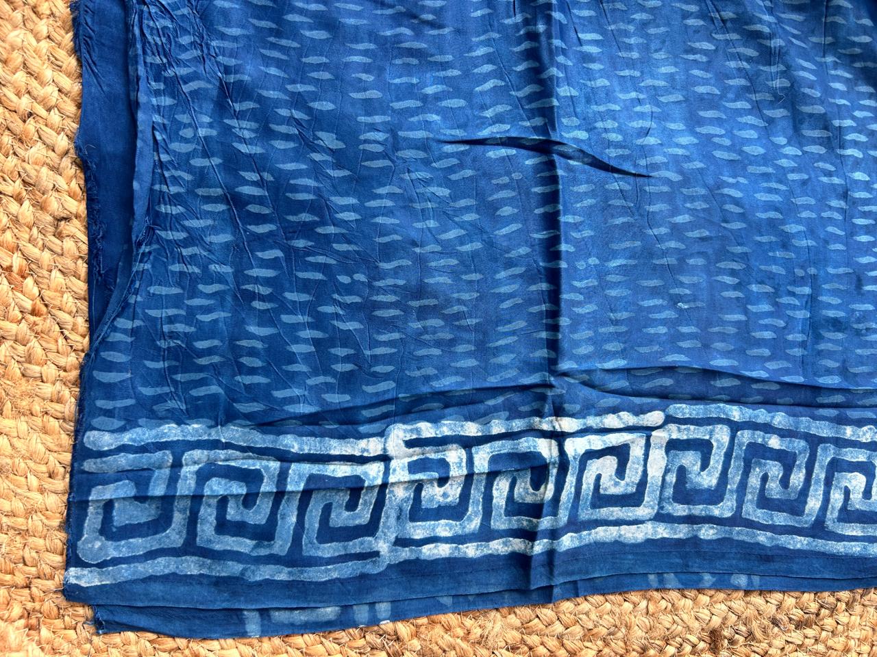 Pure Modal Silk Ajrekh Hand Block Print Blue Saree