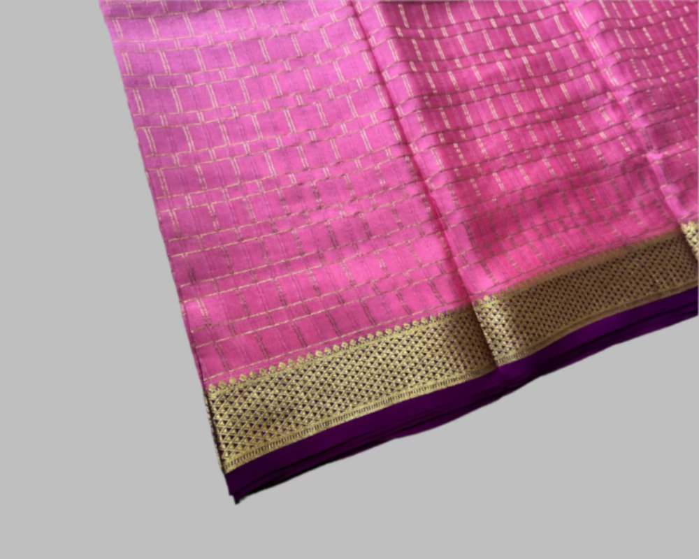 Pure Mysore Silk Saree - Checkered Pattern in Peach with Wine border
