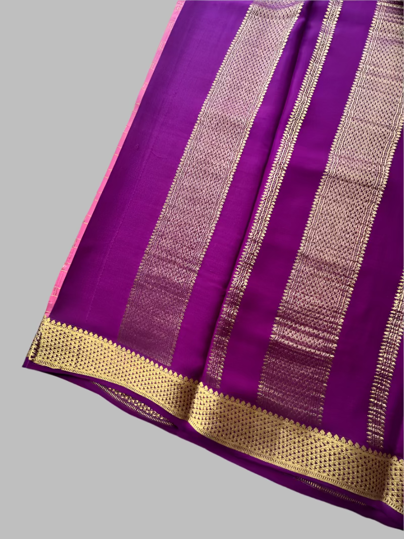 Pure Mysore Silk Saree - Checkered Pattern in Peach with Wine border