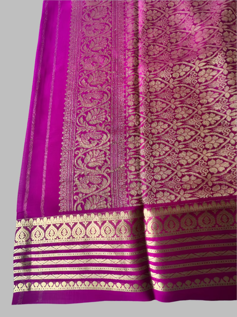 Pure Mysore Silk Saree - Zaal pattern in Navy blue and Magenta border