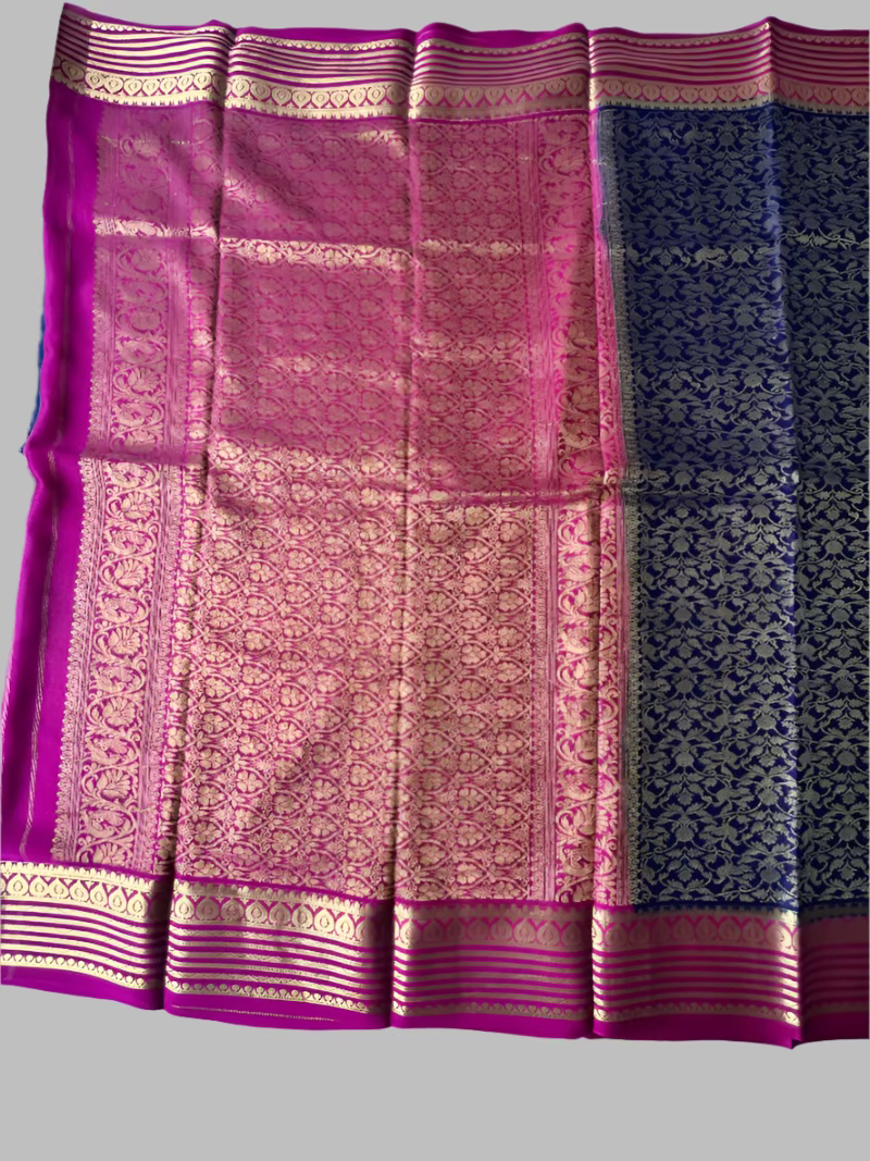 Pure Mysore Silk Saree - Zaal pattern in Navy blue and Magenta border