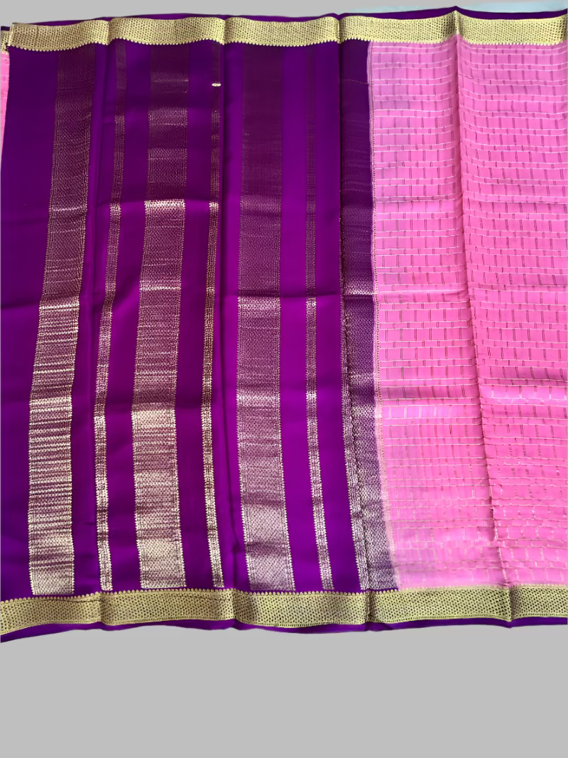 Pure Mysore Silk Saree - Checkered Pattern in Peach with Wine border