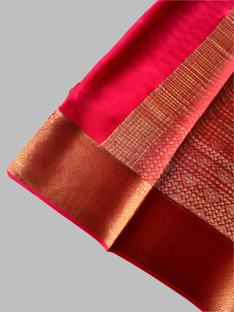 Pure Mysore Silk Saree - Bright peach saree with golden zari checks