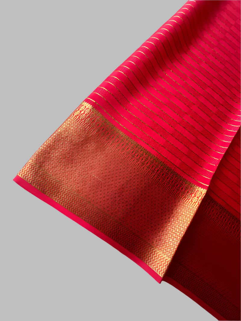 Pure Mysore Silk Saree - Bright peach saree with golden zari checks