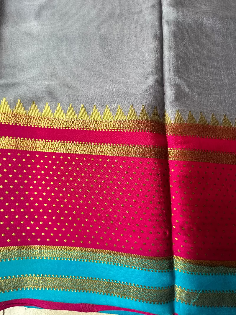 Pure Mysore Silk Saree - 3D Grey with Magenta border
