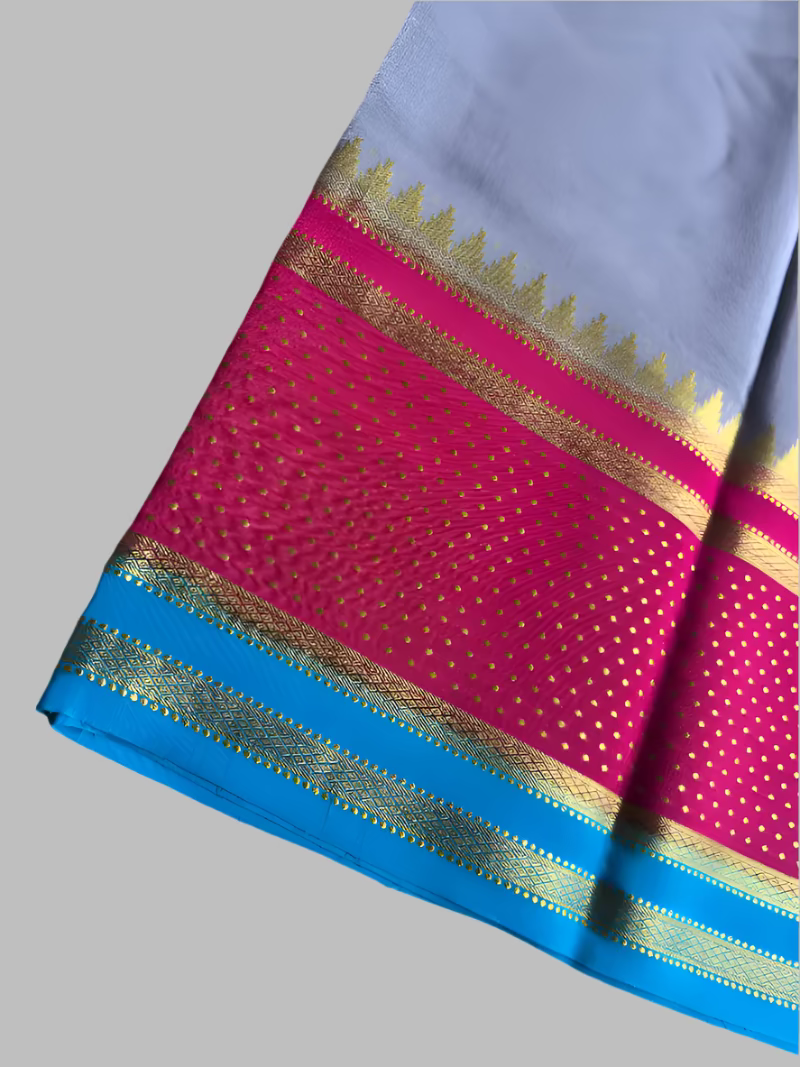 Pure Mysore Silk Saree - 3D Grey with Magenta border