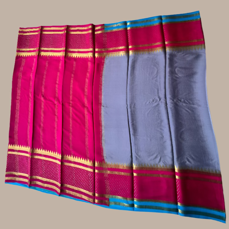 Pure Mysore Silk Saree - 3D Grey with Magenta border