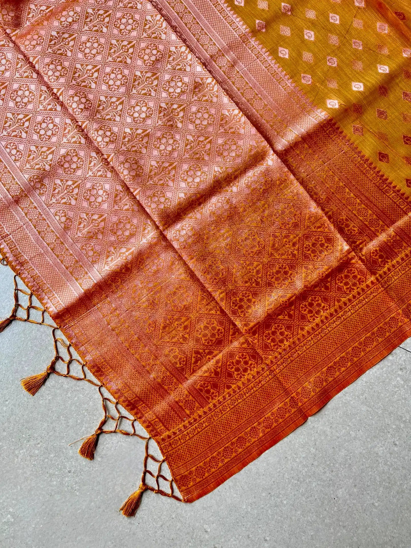 cotton blended brocade mustard orange saree