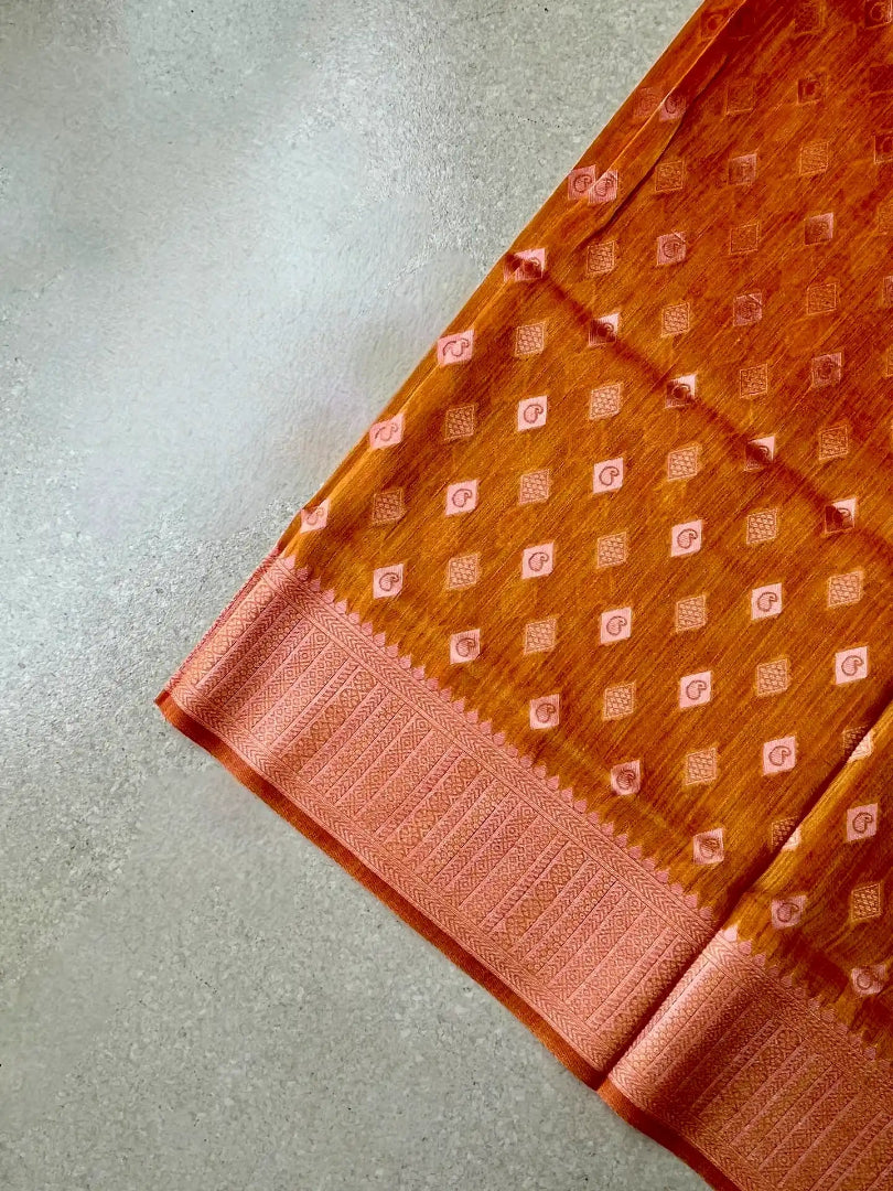 cotton blended brocade mustard orange saree