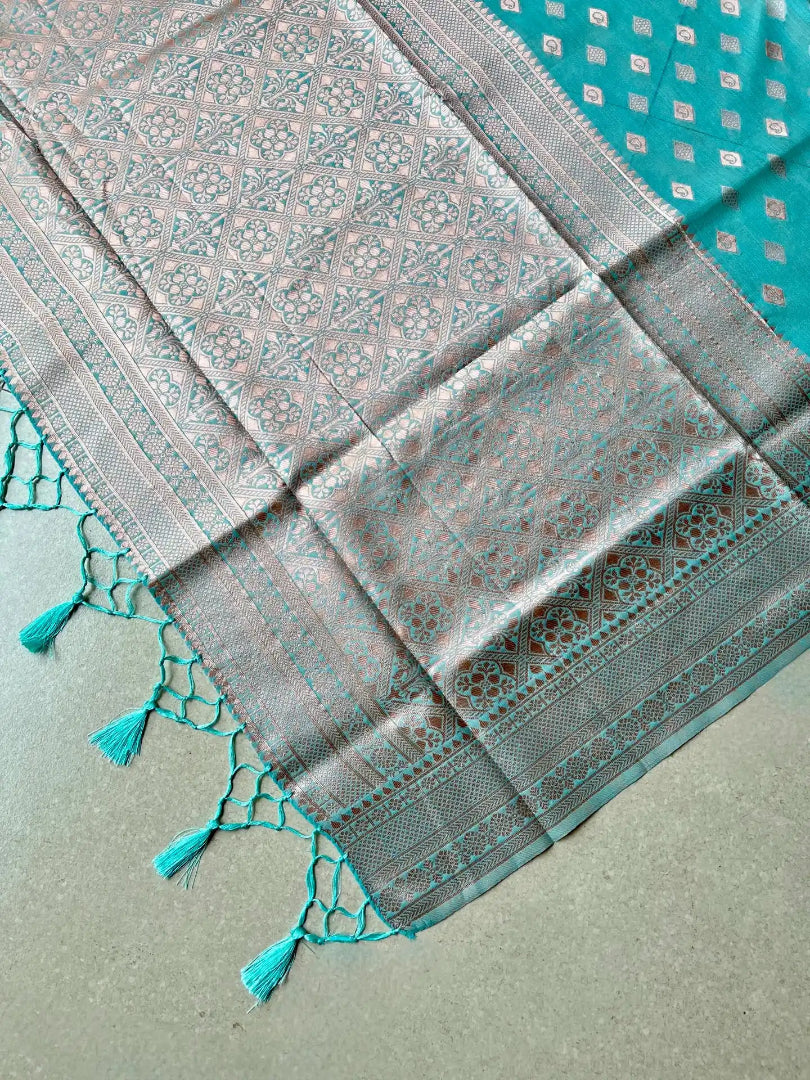 cotton blended brocade aqua blue saree