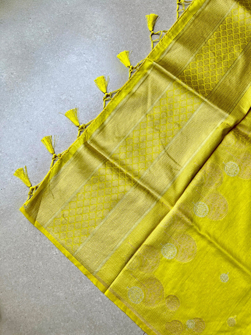 Tussar silk brocade lemon yellow saree