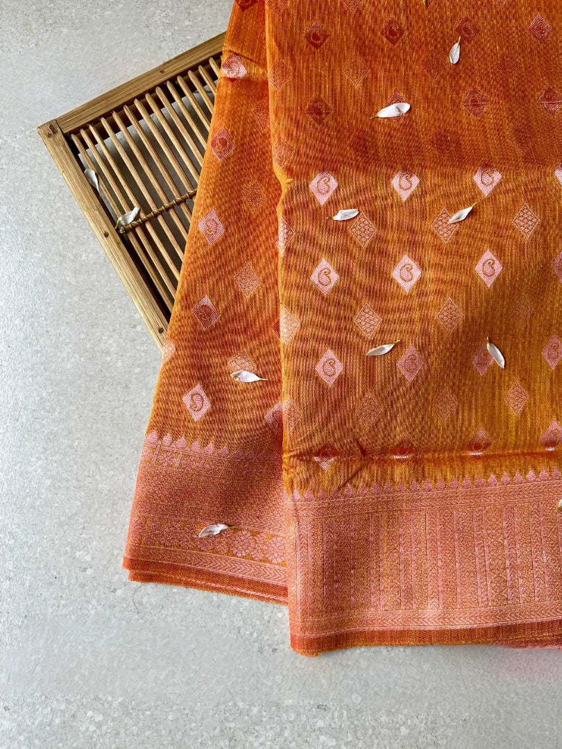 cotton blended brocade mustard orange saree