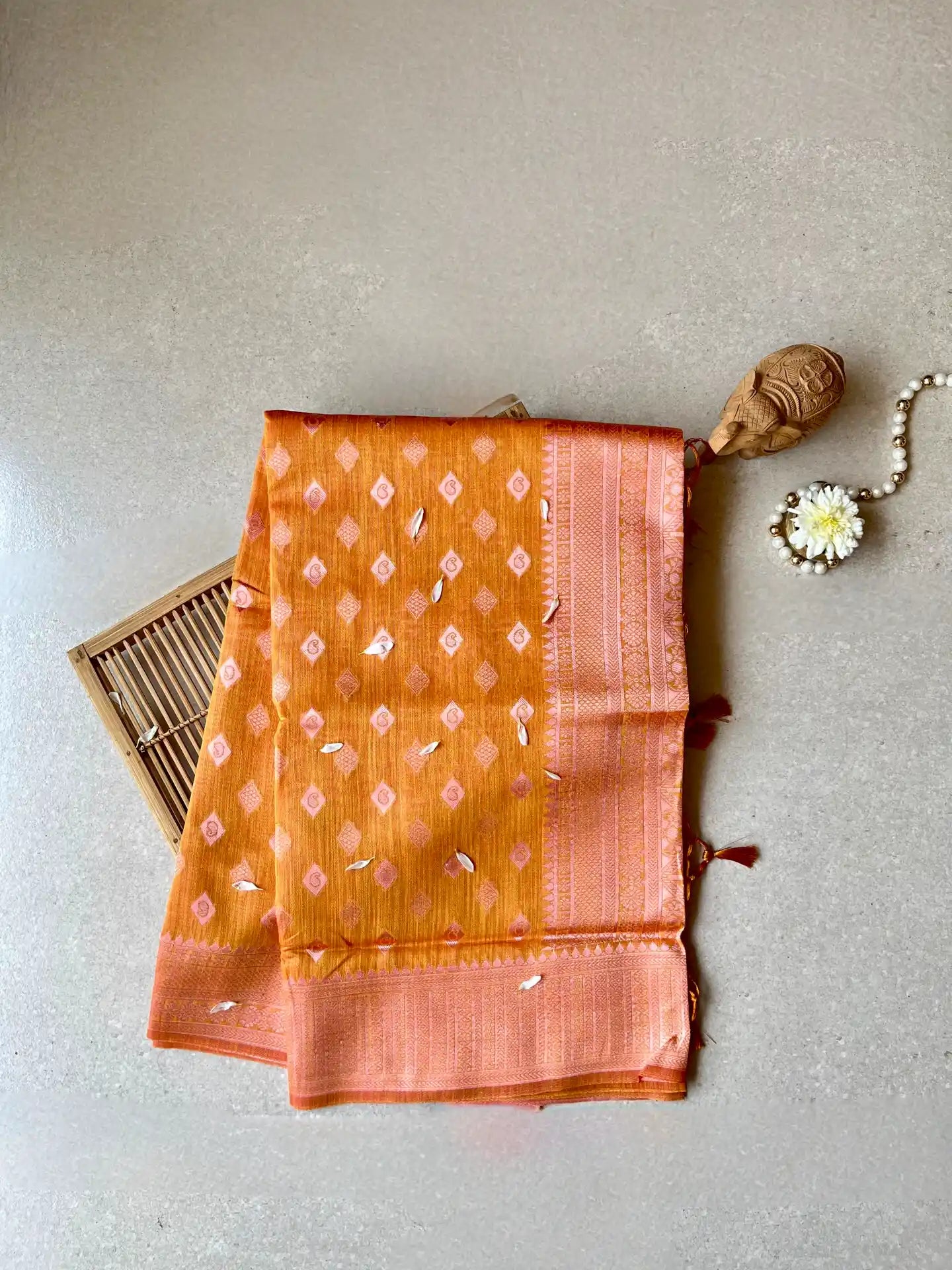 cotton blended brocade mustard orange saree