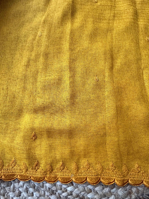 Linen in mustard yellow saree with Kalamkari print Blouse