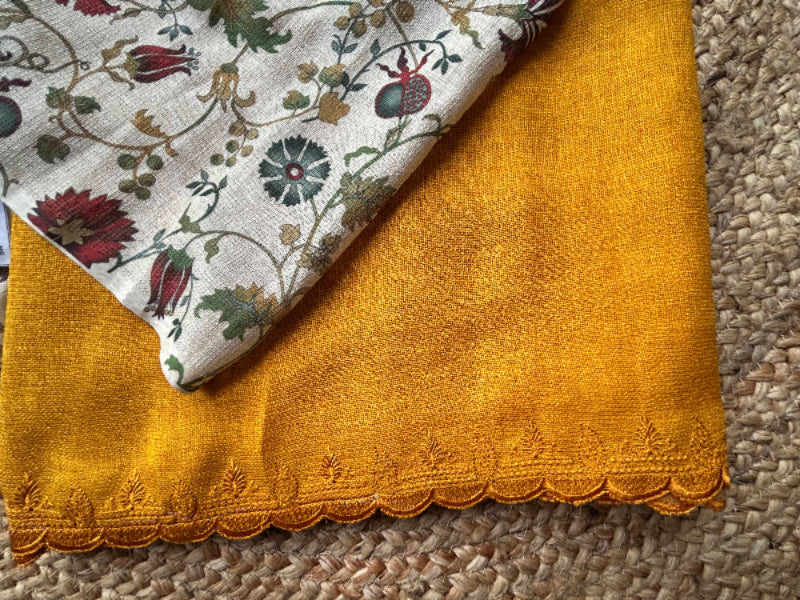 Linen in mustard yellow saree with Kalamkari print Blouse