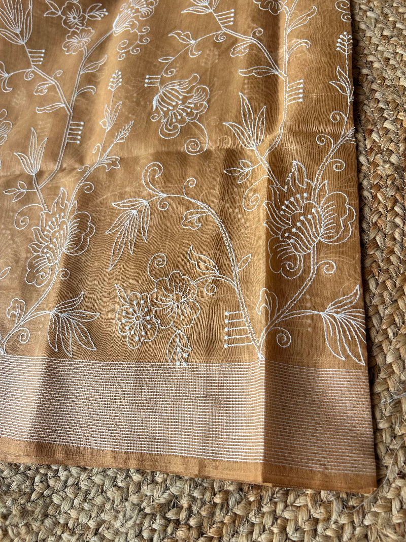 Cotton mix thread embroidery mustard yellow saree