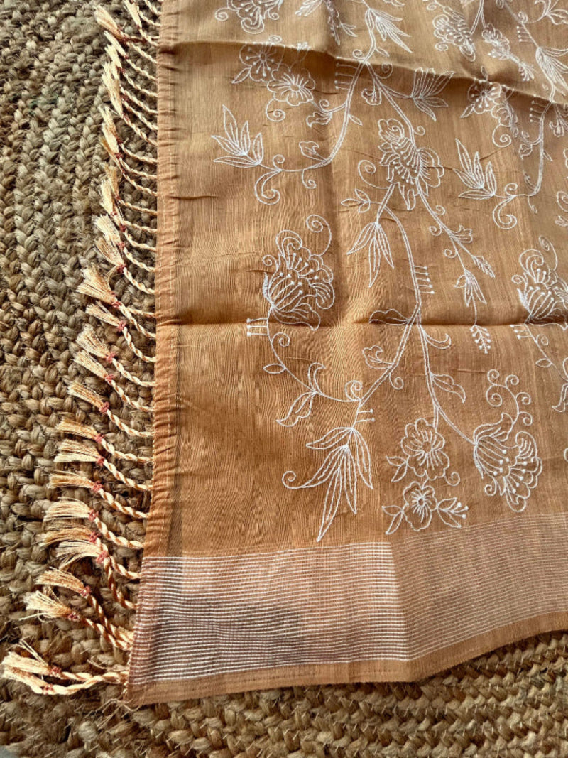 Cotton mix thread embroidery mustard yellow saree