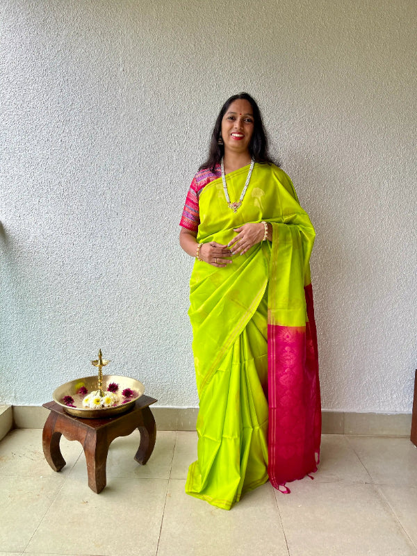 Kanjivaram silk lemon green sari