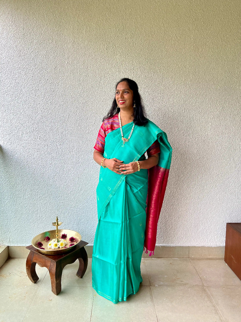 Kanjivaram silk aqua green sari