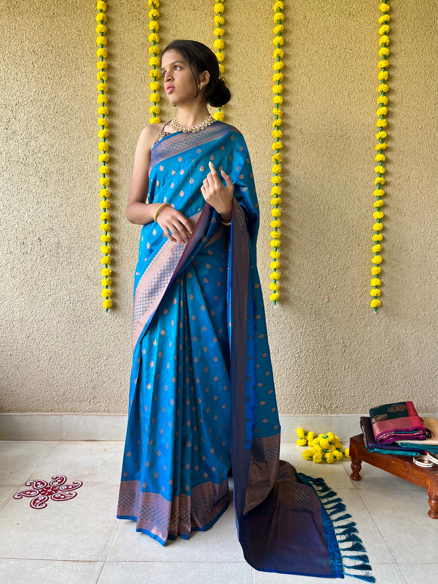 Semi silk brocade blue saree