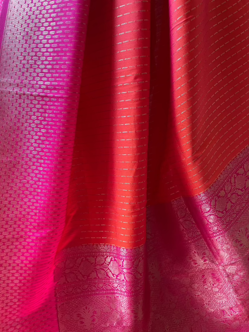 Semi silk coral red magenta border saree