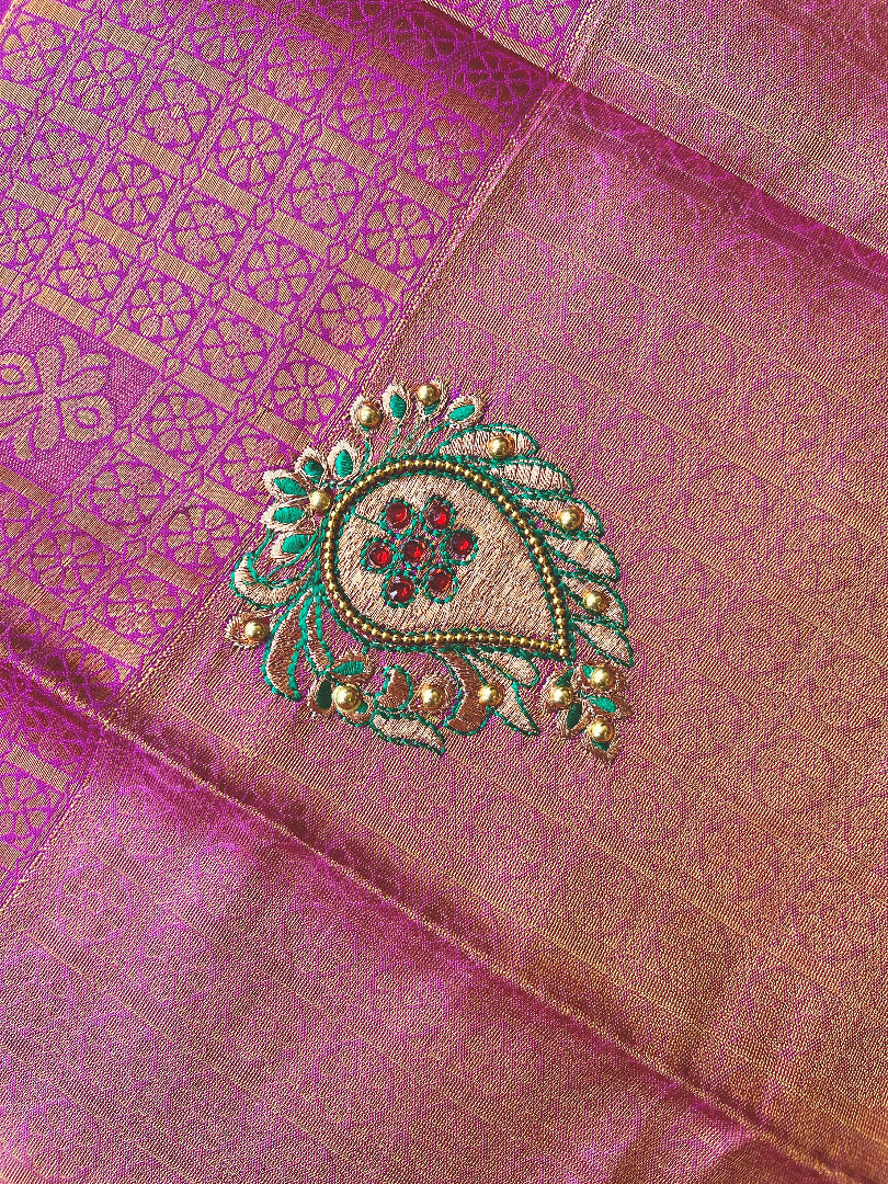 Semi silk brocade reddish pink saree