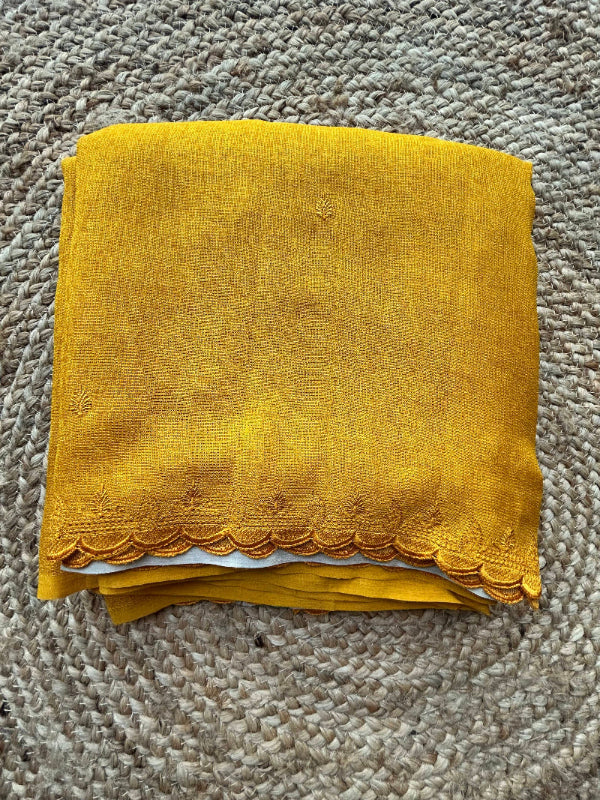 Linen in mustard yellow saree with Kalamkari print Blouse