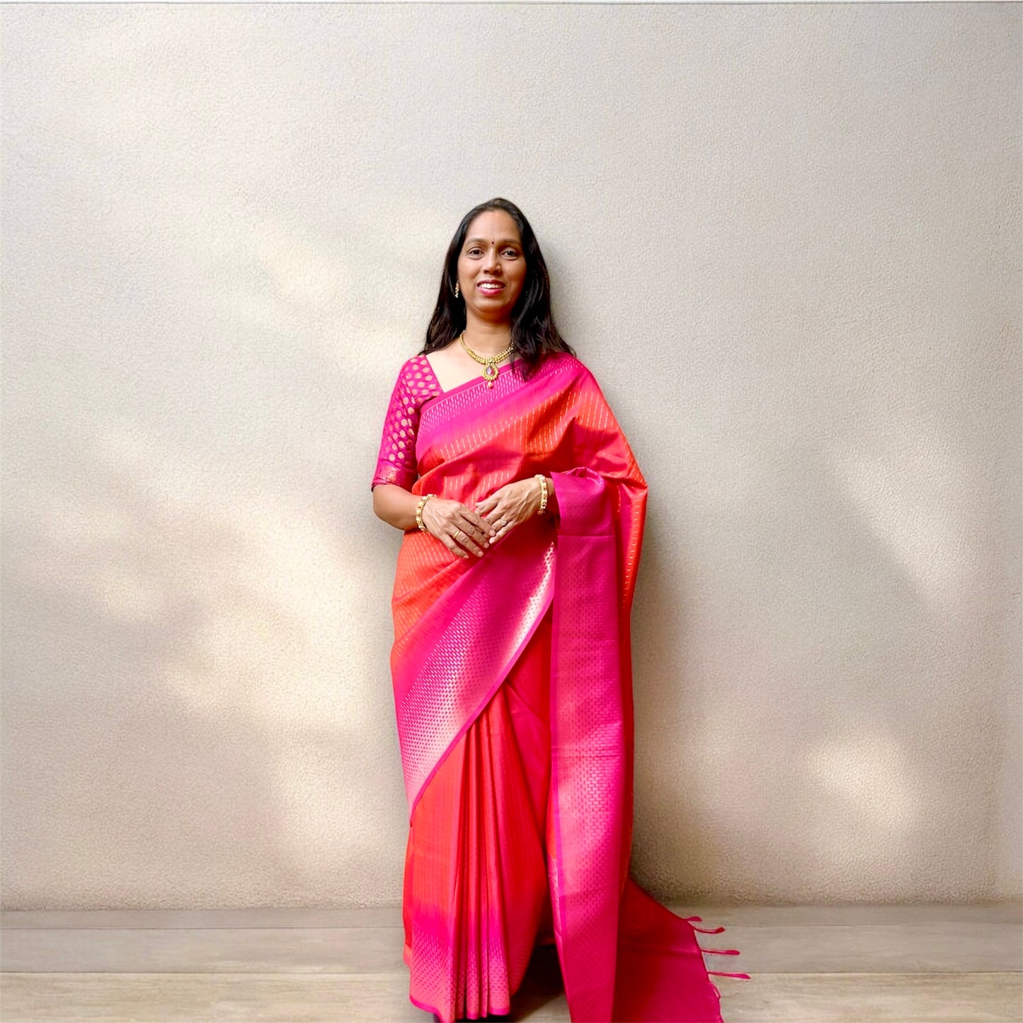 Semi silk coral red magenta border saree