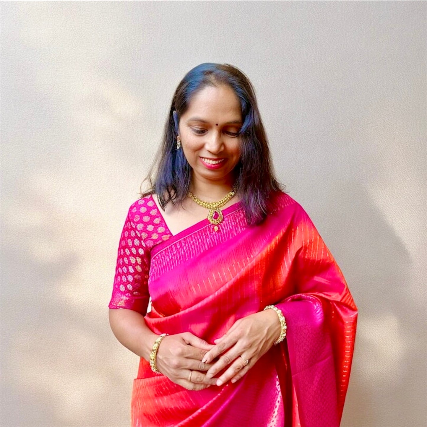Semi silk coral red magenta border saree