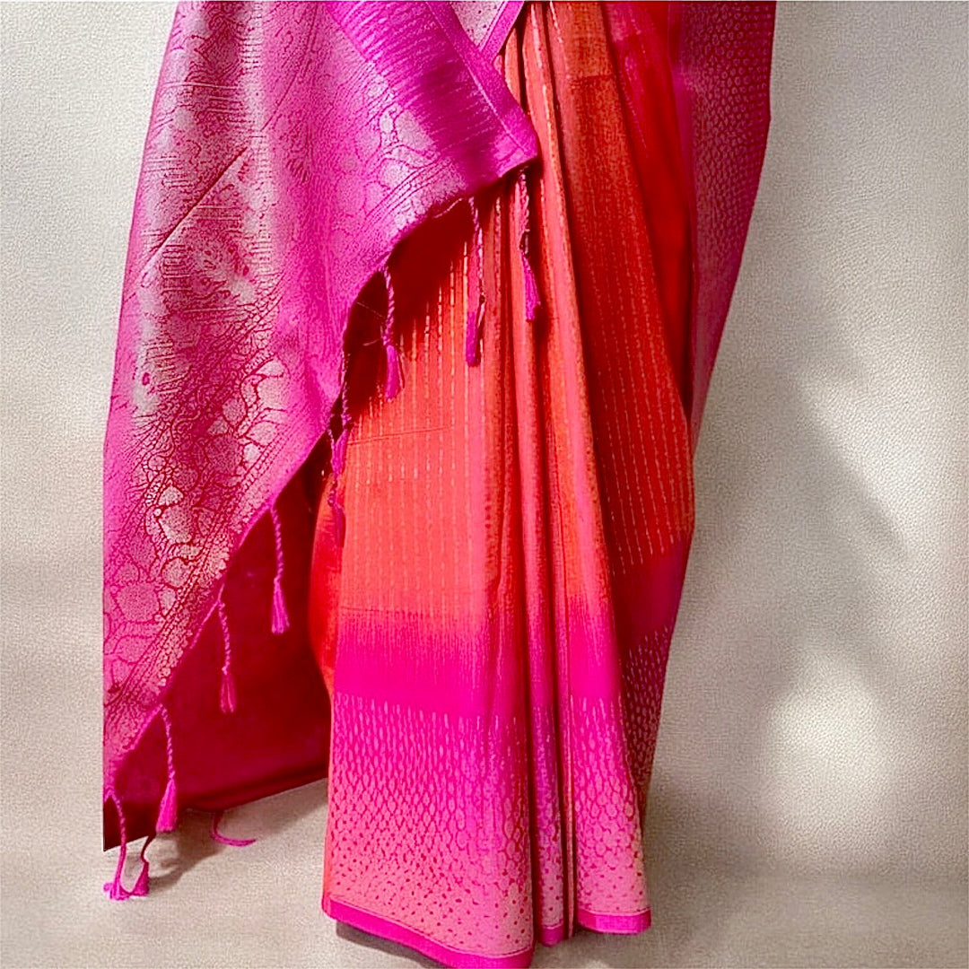 Semi silk coral red magenta border saree