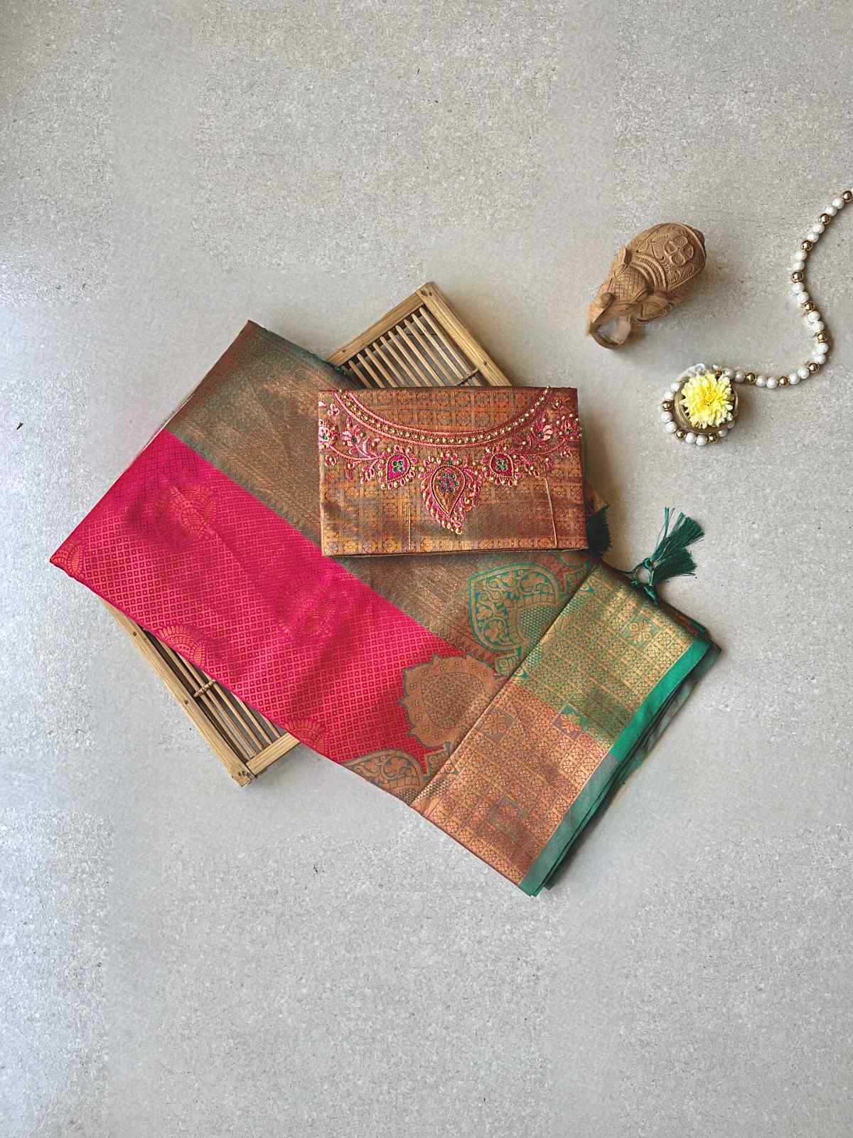 Semi silk brocade reddish pink saree