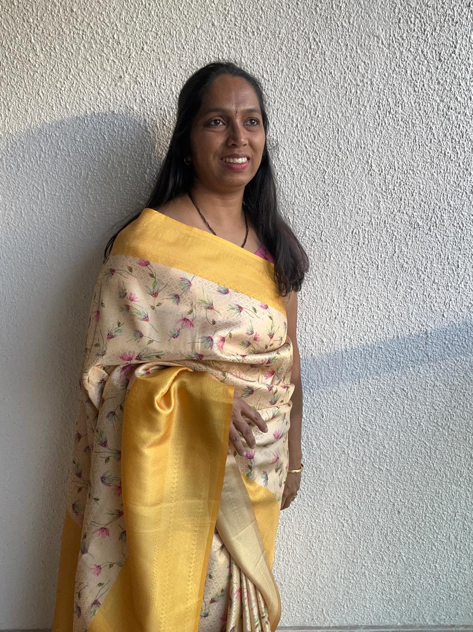 Semi Silk Floral Print Beige Saree