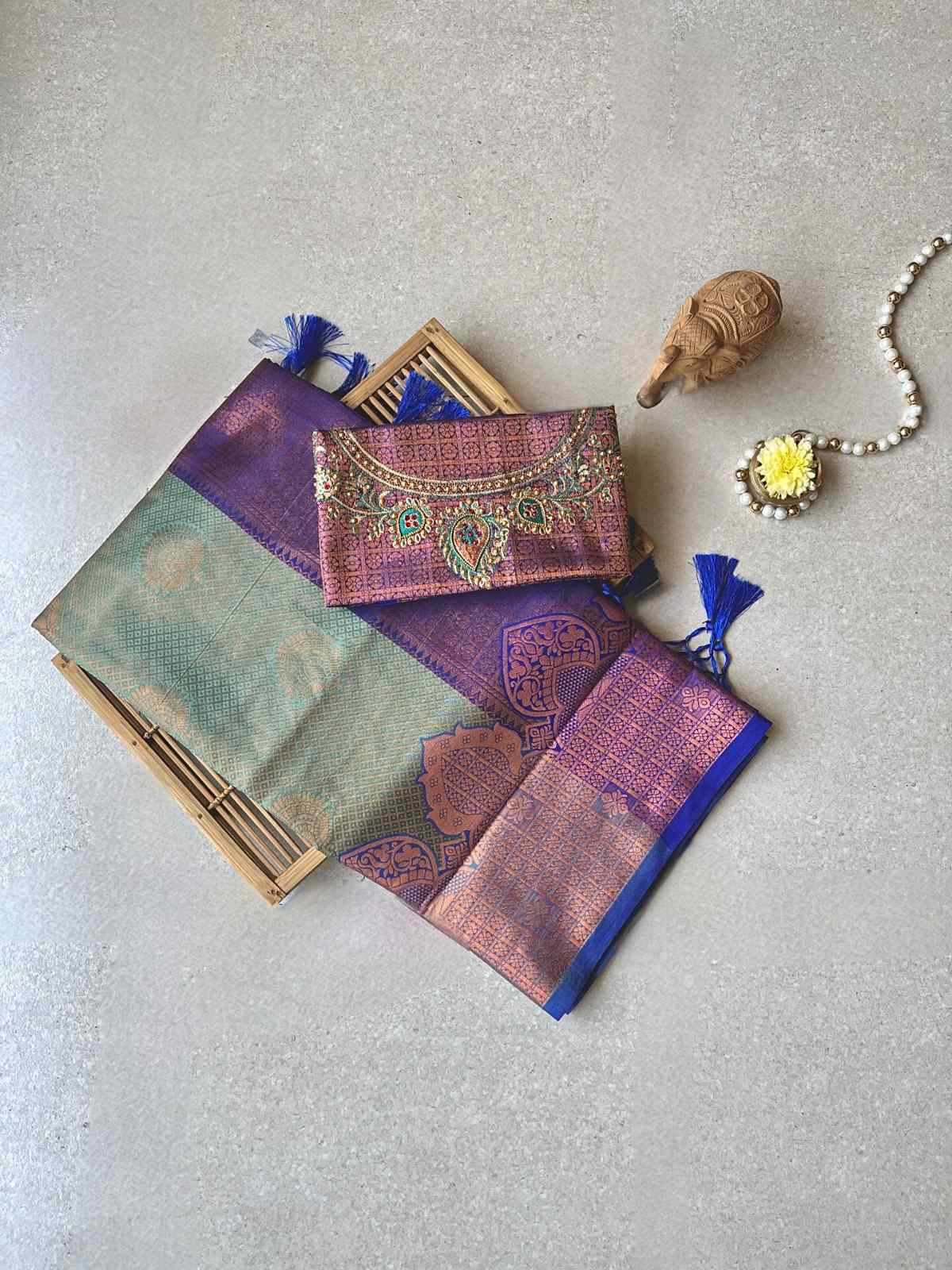 Semi silk brocade aqua blue saree