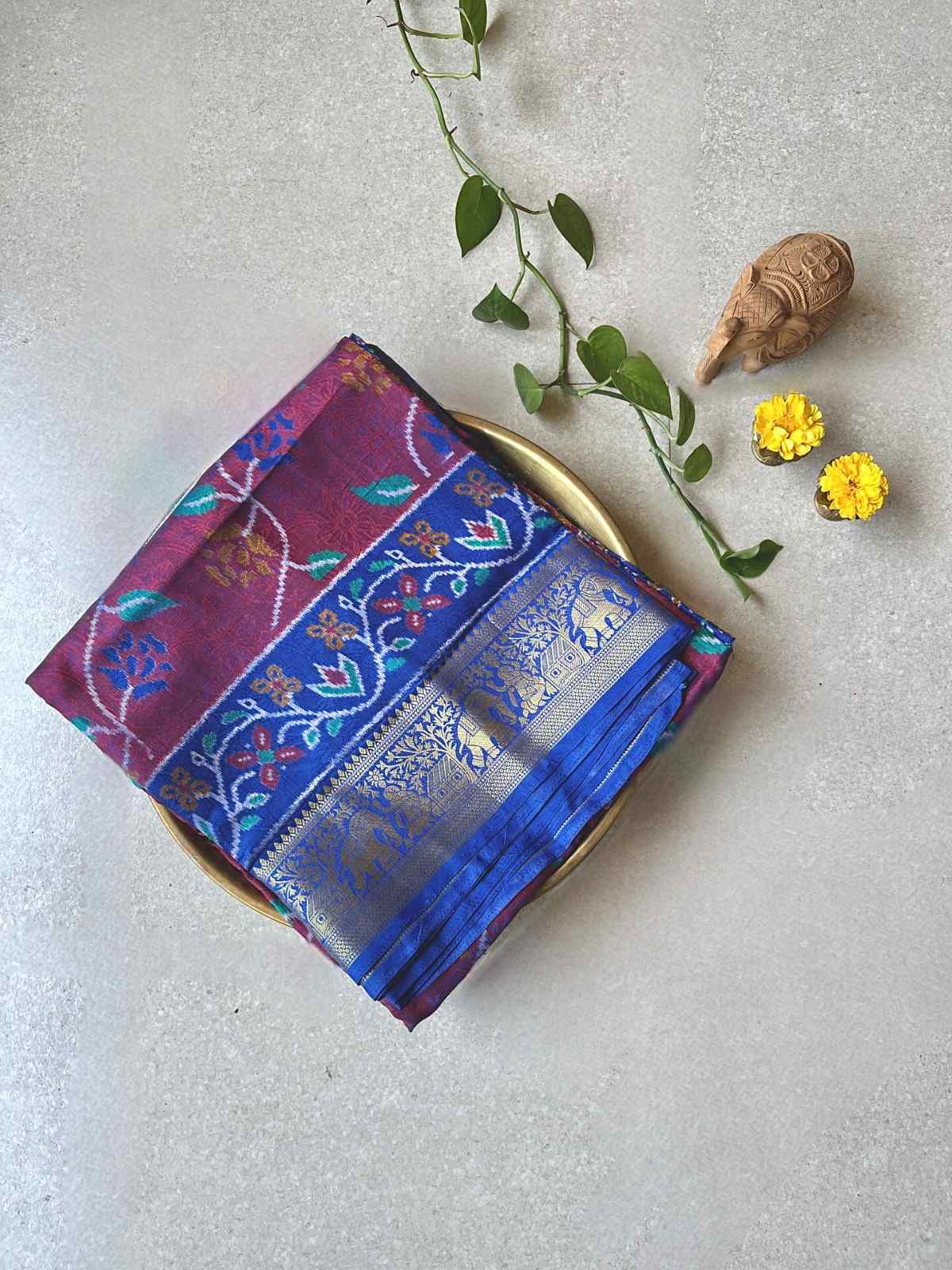 Tussar sillk kalamkari print Maron sari
