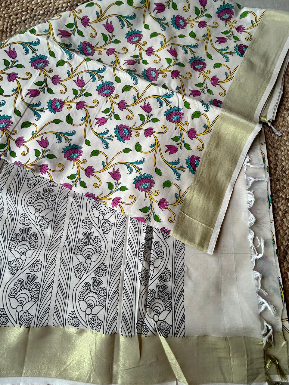 Cotton kalamkari zaal print offwhite saree