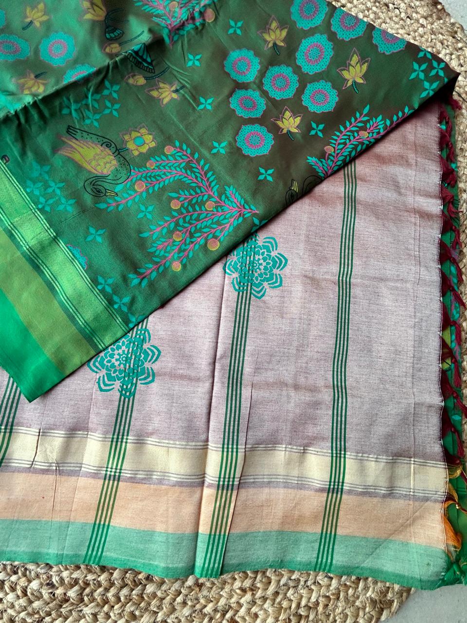 Cotton kalamkari print mehendi green saree