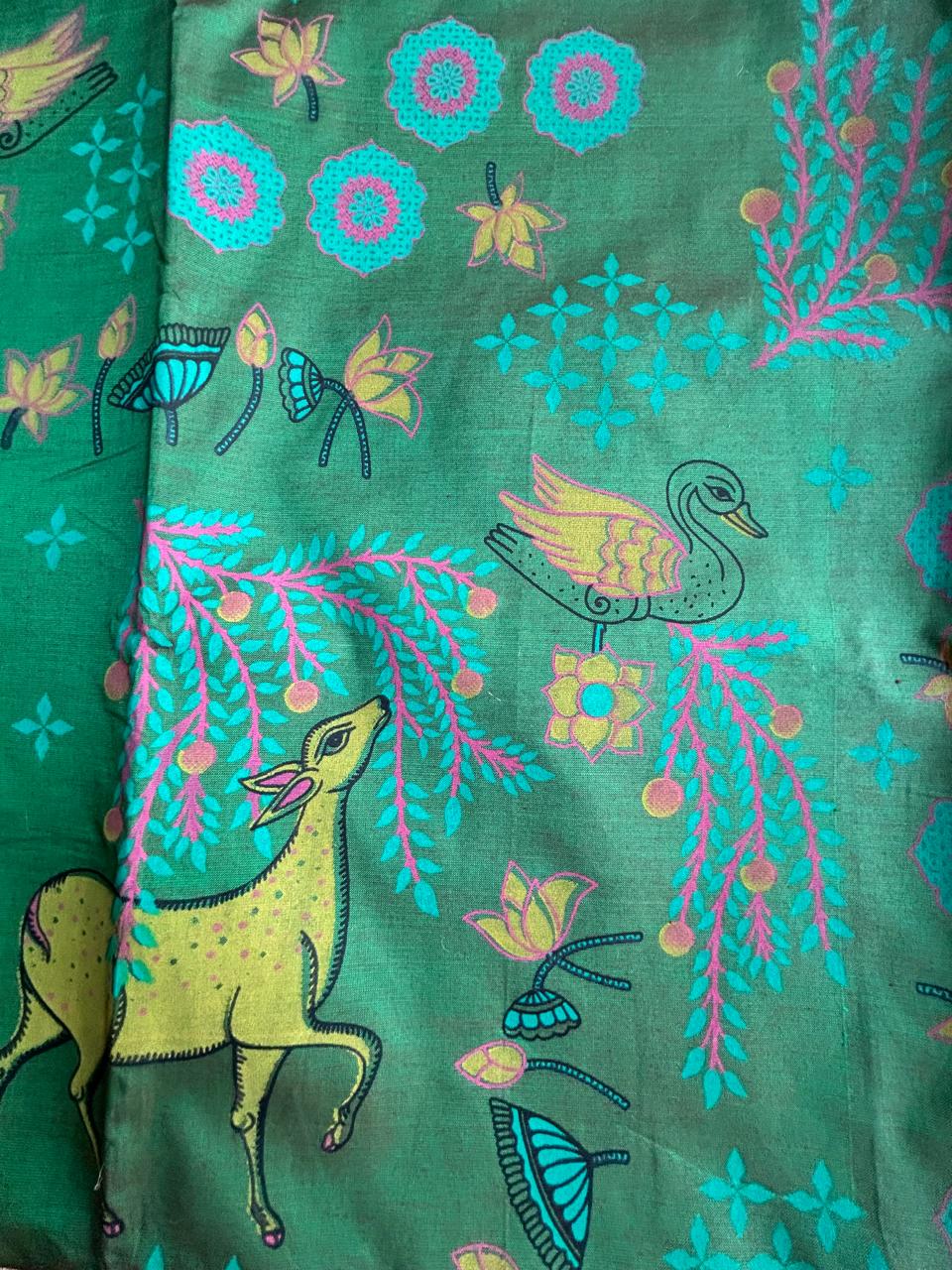 Cotton kalamkari print mehendi green saree
