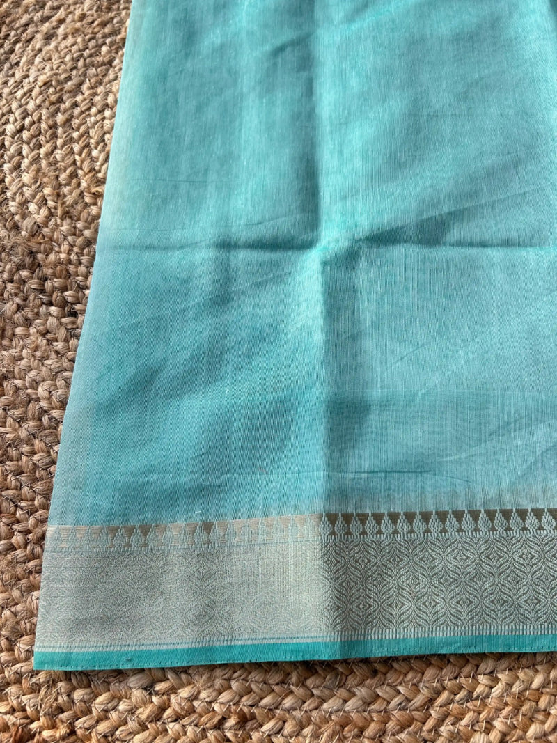 Cotton mix thread embroidered green saree