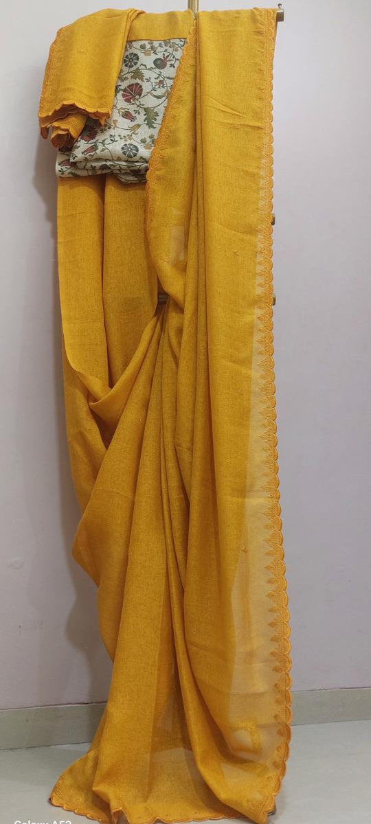 Linen in mustard yellow saree with Kalamkari print Blouse