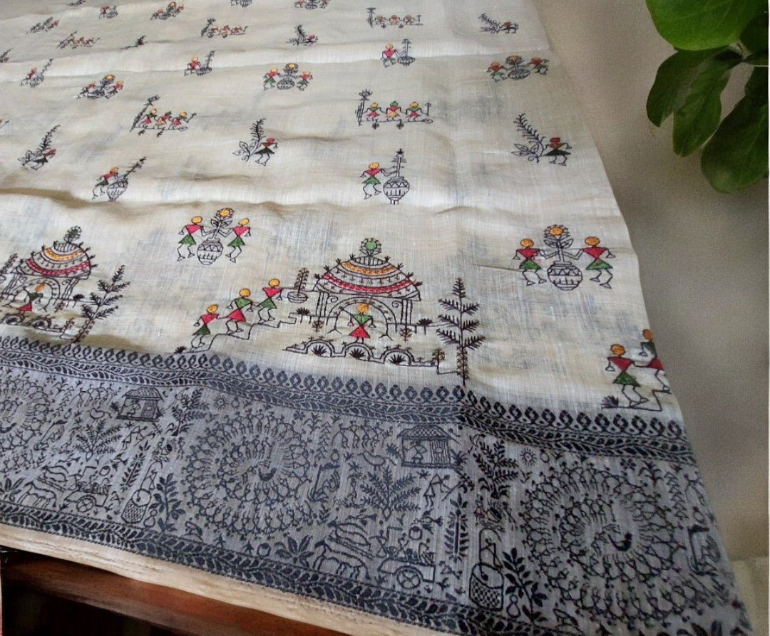 Warli Embroidery in Mul Cotton Mix Saree