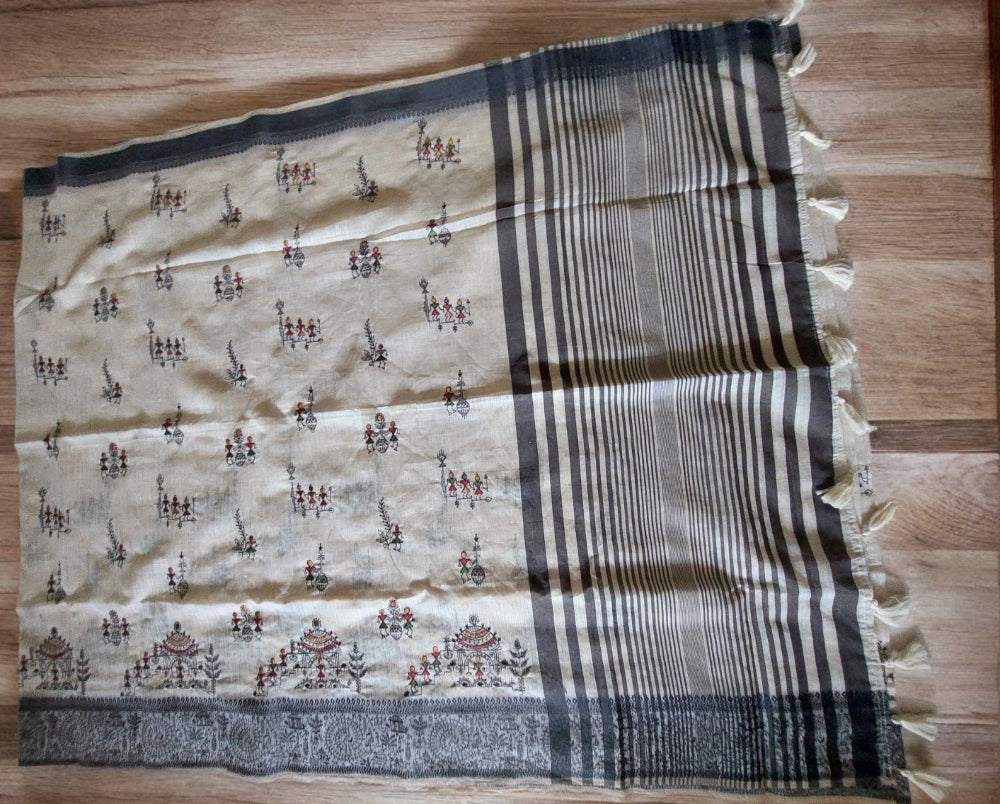 Warli Embroidery in Mul Cotton Mix Saree
