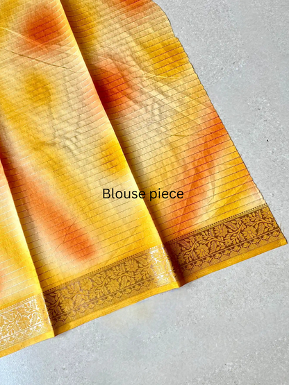 Tussar silk block bright yellow saree