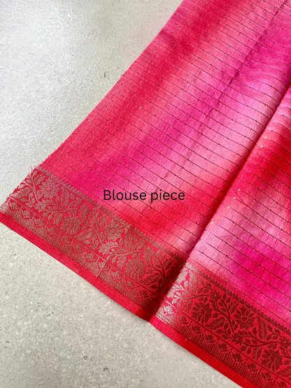 Tussar silk block print rose pink saree