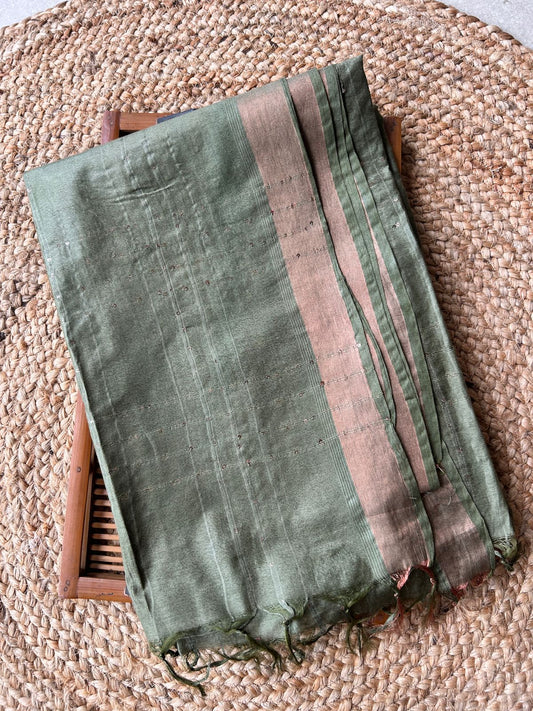 Tussar Mix Olive Green Saree