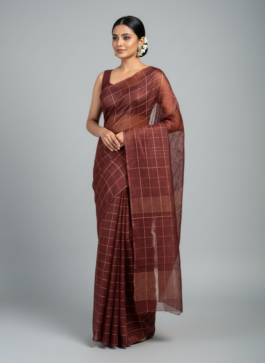 Tussar Mix Tissue Brown Saree