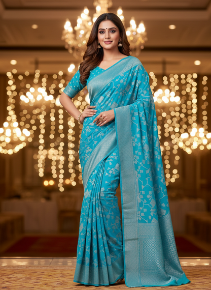 Pure Georgette Geometric Pattern Blue Saree