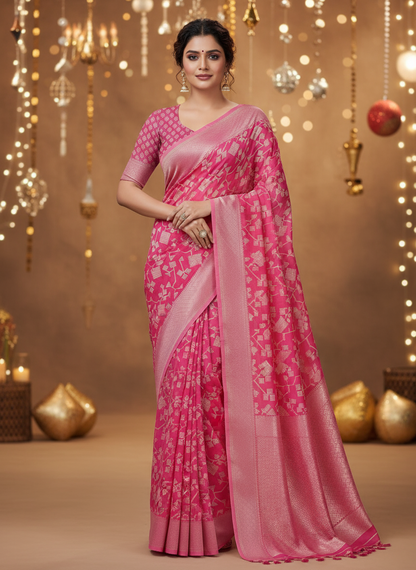 Pure Georgette Geometric Pattern Pink Saree