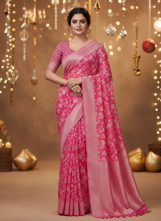 Pure Georgette Geometric Pattern Pink Saree